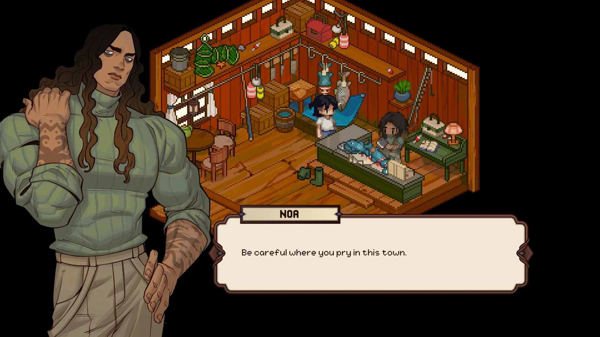 An official Grave Seasons dialogue scene with a character portrait and a shop interior.